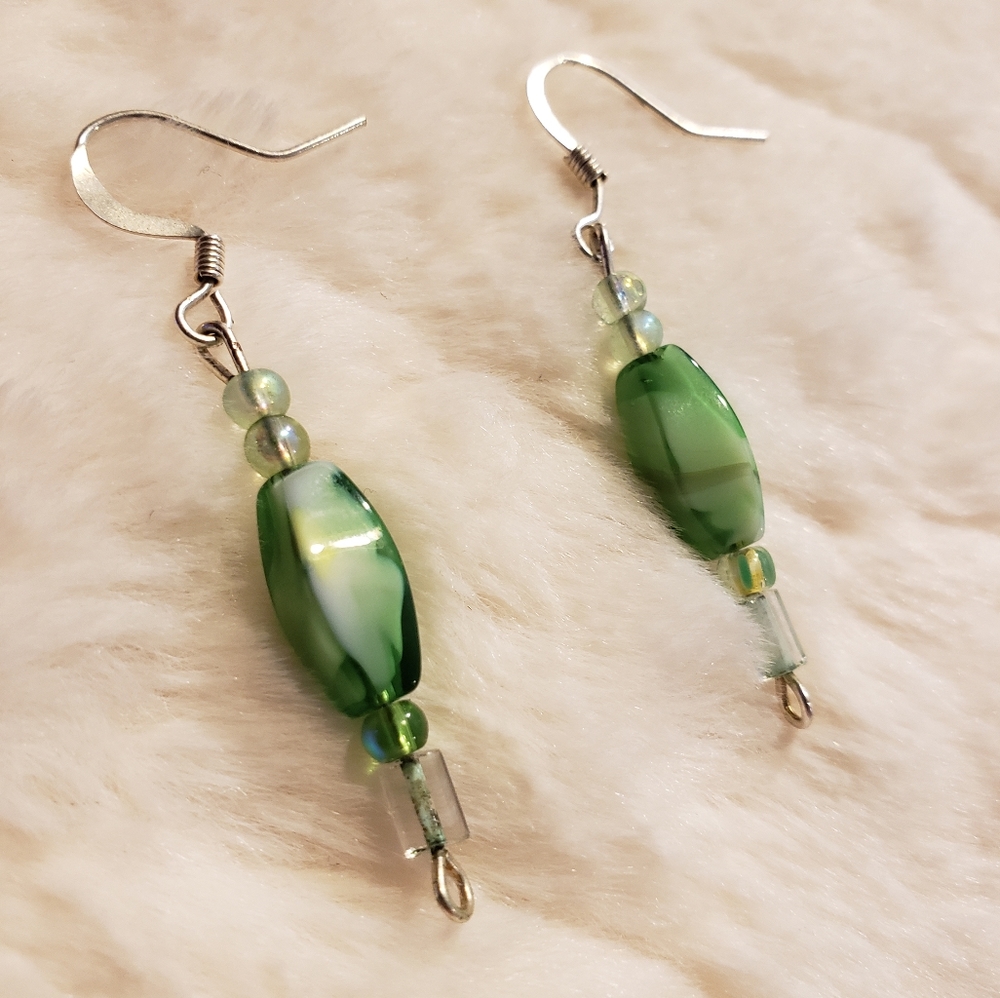 Green Colored Beaded Dangling Earrings Handmade